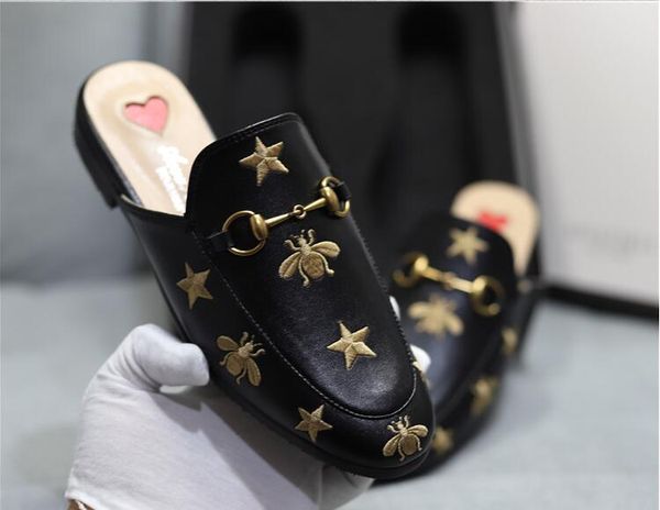 

designer women genuine leather slipper loafers muller shoes with golden buckle women princetown slippers bees pattern ladies flats with box, Black