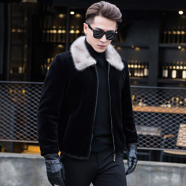 

real sheepskin leather jacket for men short black wool coat plus size 4xl natural mnnk fur collar outwear jaquetas de couro 319