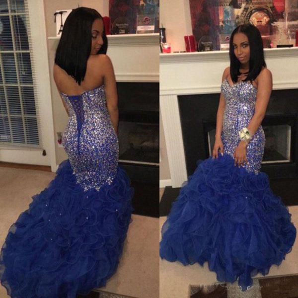 

Luxury African Prom Dresses 2018 Sweetheart Beaded Rhinestones Royal Blue Ruffles Long Evening Dresses Backless Party Dress for Black Girls