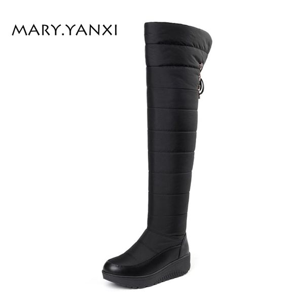 

winter women big size shoes over the knee long down snow boots round toe wedges heesl solid plush worm platform fashion lace-up, Black