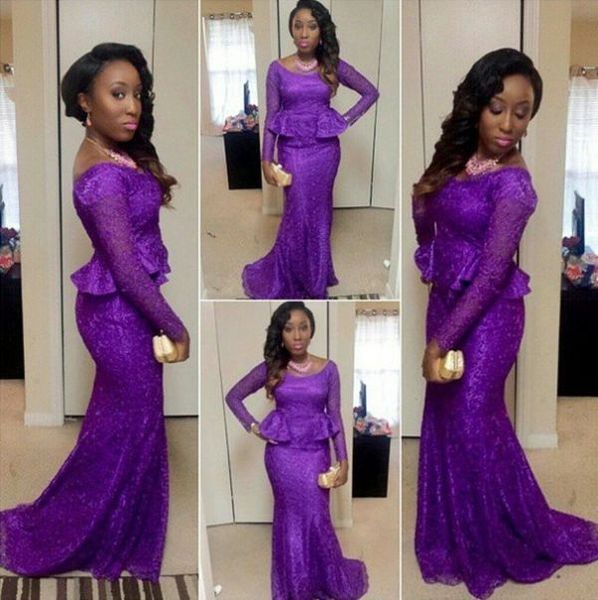 Vestidos de Renda Nigeriano Africano Desgaste da Noite Colher Decote Sereia Peplum Sweep Trem Roxo Manga Longa Vestidos Eveing