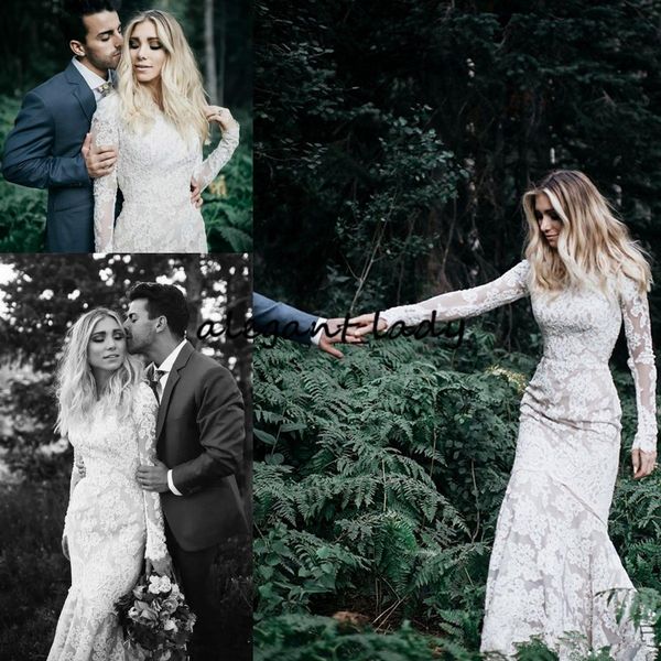 

dramatic rustic mermaid wedding dresses 2019 full lace vintage long sleeve trumpet bohemian country western bridal wedding gown, White