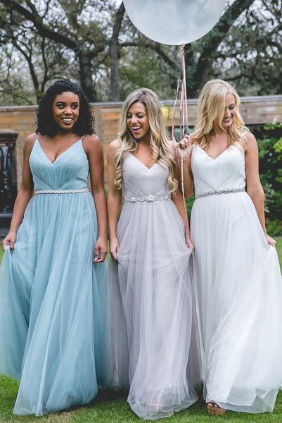 

tulle pleats v-neck spaghetti straps bridesmaid dresses with crystal sash sleeveless long prom evening party dresses, White;pink