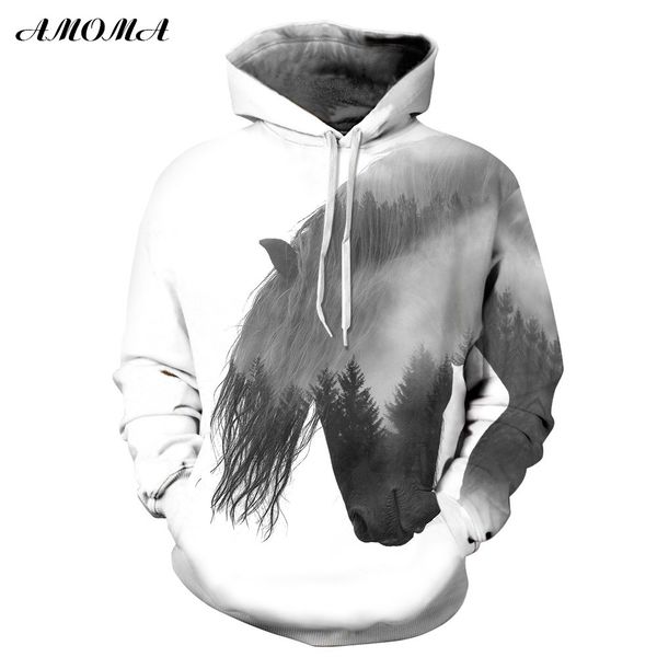 

amoma realistic 3d digital print pullover hoodie hooded sweatshirt horse, Black