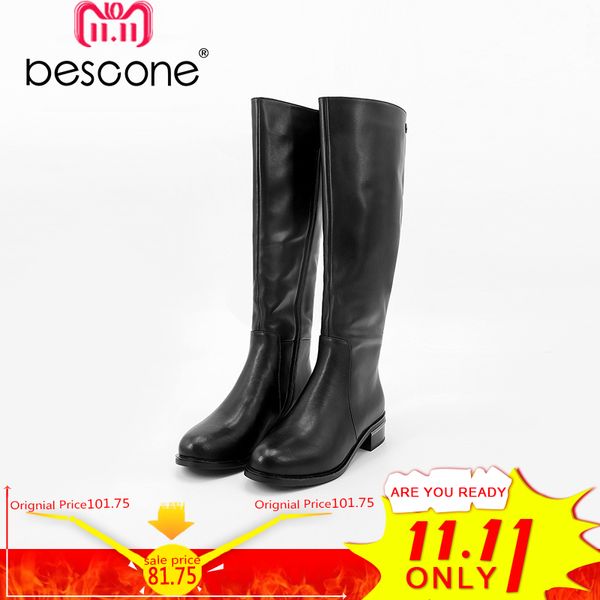 

bescone 2018 new fashion autumn women boots knee-high casual pleated basic boots rhinestones round toe med square heel l13, Black