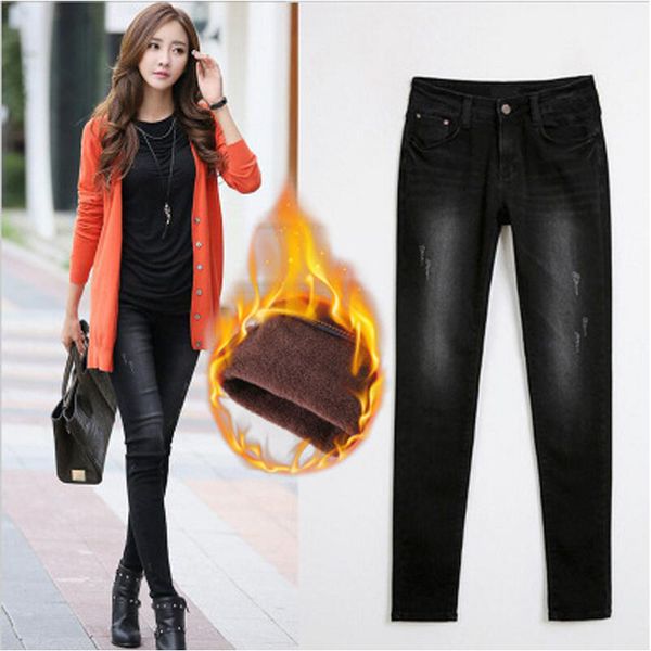 

plus velvet jeans women 2018 winter warm jeans with high waist black for girls skinny large size pants 991#, Blue