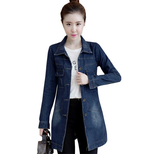 

women cowboy trench coat women's fashion hole large size trench coat denim 2018 new long-sleeved solid color cowboy, Tan;black