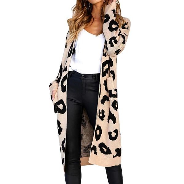 

1pcs cardigan sweater casual pockets leopard print long sleeve cardigan v-neck print women coat loose autumn thin sweater coat, White;black