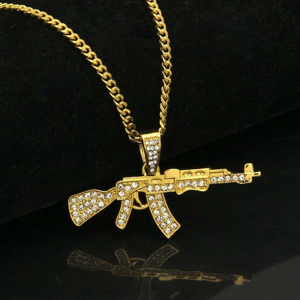 

time limited gun pendant necklace men alloy full crystal bling chain hip hop crystal accessories male necklace locket necklaces for women, Silver