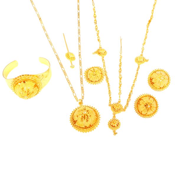 

ethiopian gold jewelry set hair chain forehead chain 6pcs accessory bridal wedding jewelry, Black
