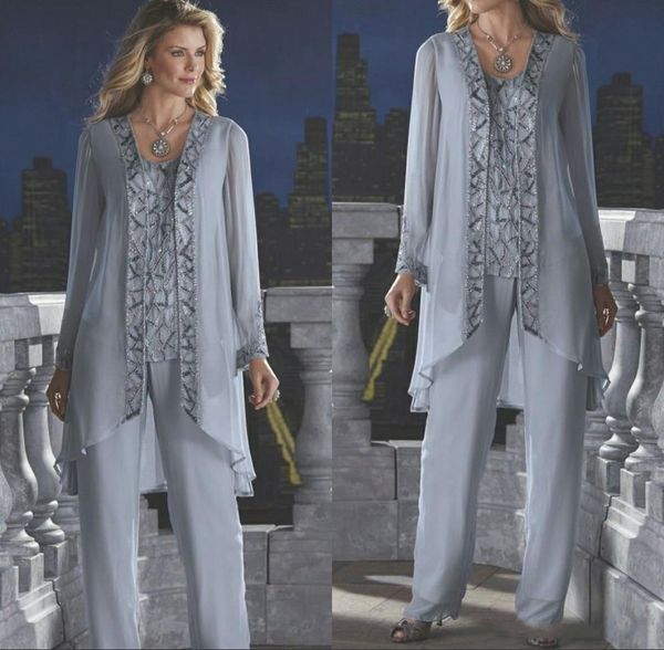 

silver plus size mother of the bride groom for weddings three pieces pant suit chiffon beach long sleeve beads groom mother wear ba6571
