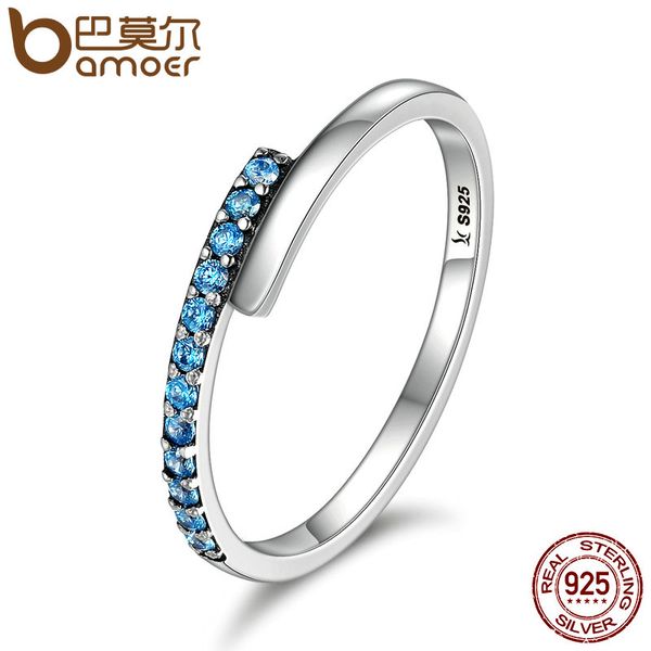 

bamoer genuine 100% 925 sterling silver geometric melody blue sparking cz finger rings for women sterling silver jewelry scr099, Slivery;golden