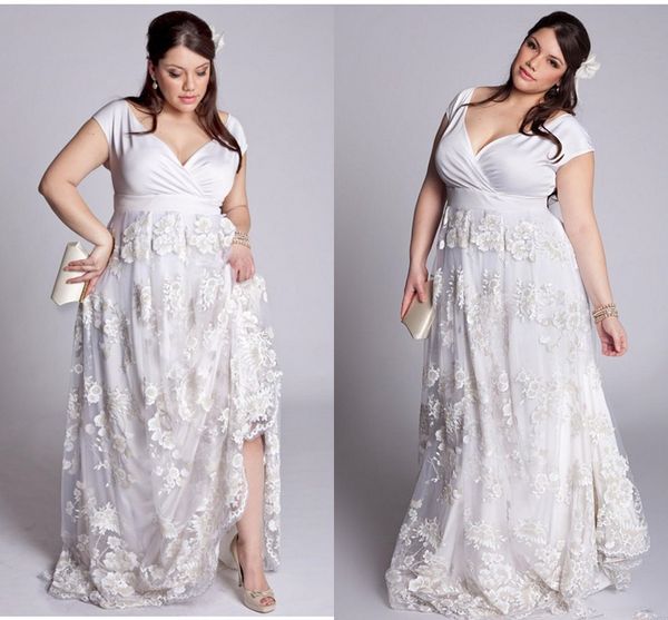 

plus size a line lace wedding dresses 2019 v neck 3d floral lace garden bridal robe de soiree formal party dresses gown lady women, White