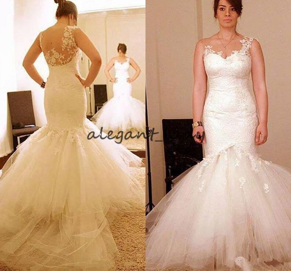

sheer neckline appliques mermaid wedding dresses 2018 modest jewel tiered skirt outdoor garden princess wedding bridal gown, White