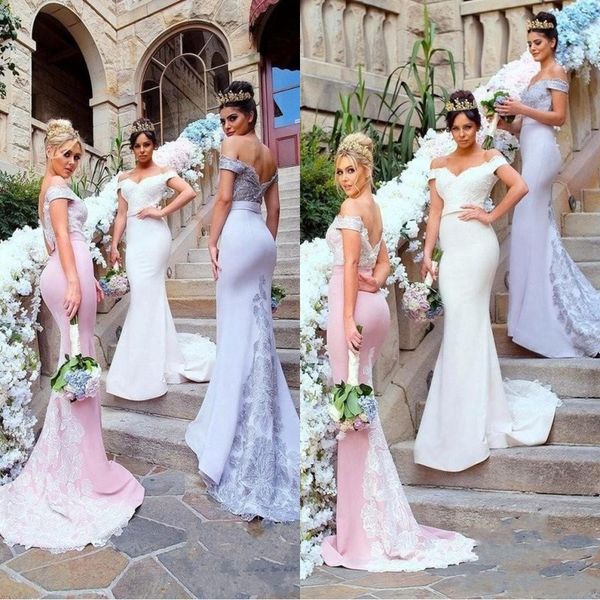 

2019 western stretchy mermaid bridesmaid dresses lavender off shoulders lace appliqued sweep train bridesmaids wedding guest gowns bc0213