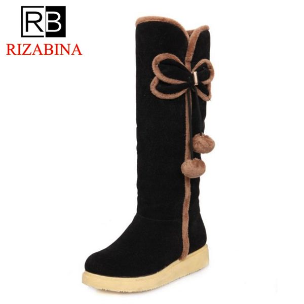 

rizabina size 34-43 plush fur women mid calf boots round toe bowtie concise snow boots winter keep warm shoes women footwear, Black