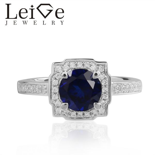 

leige jewelry lab sapphire rings blue gemstone round cut halo for woman 925 sterling silver september birthstone ring, Golden;silver