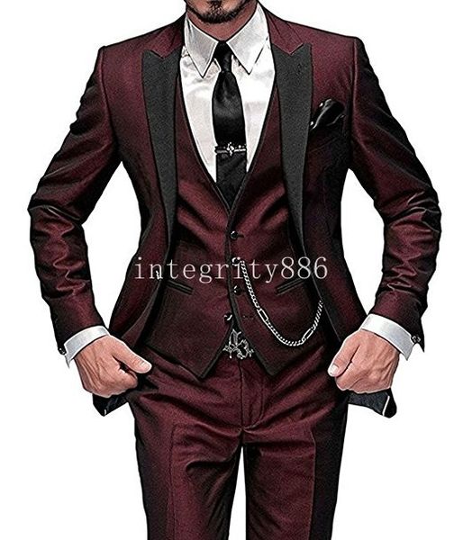 Neue Ankunft Slim Fit Wein Bräutigam Smoking spitze Revers One Button Mann Hochzeitsanzug Männer Business Prom Ausgezeichneter Blazer (Jacke + Hose + Krawatte + Weste) 343