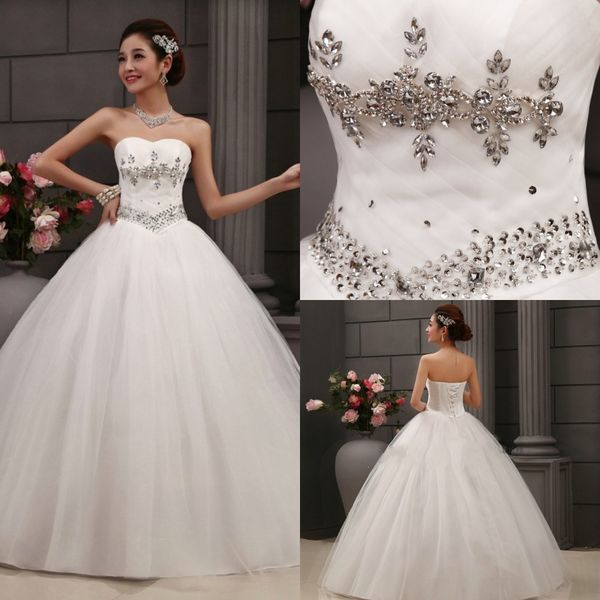

vestido de novia elegant 2018 new strapless crystal wedding dress lace up floor length bridal wedding gown robe de mariage, White