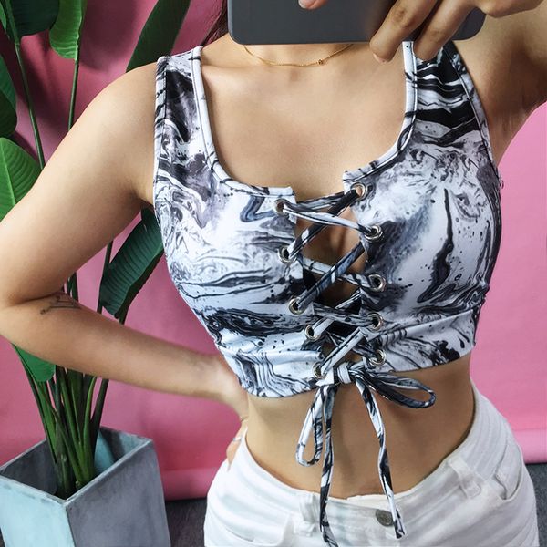 

camouflage printing bandage hollow short women section navel tank contrast color tie dye street summer new vest, White