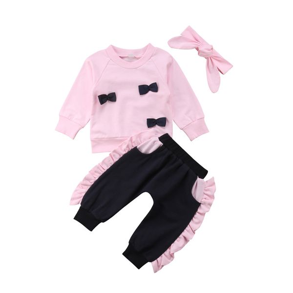 

cute baby girl clothes toddler girls clothing sets cotton bows ruffles long sleeve t shirt pants headband 3pcs kids children outfits, White