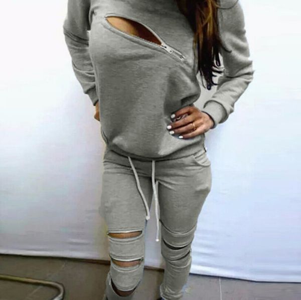 

hoodies sweatpants womens sets casual 2 pieces womens clothing spring tracksuits sportswear female zipper hole set, Gray