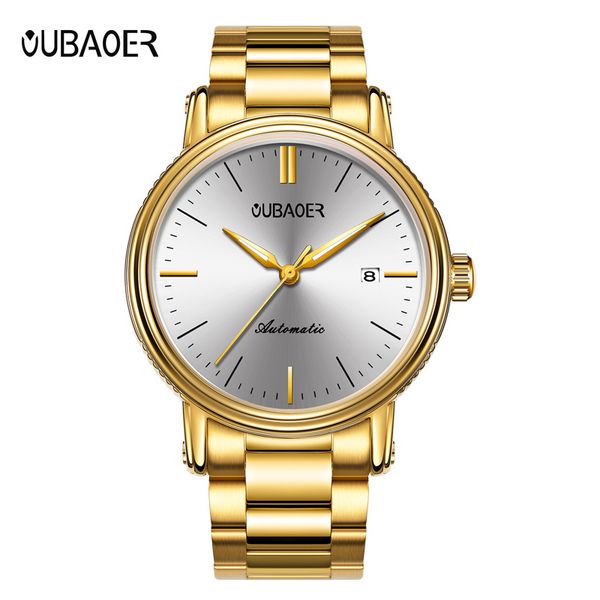 

luxury mens wristwatches automatic mechanical stainless steel business man watches waterproof oubaoer brand movement, Slivery;brown
