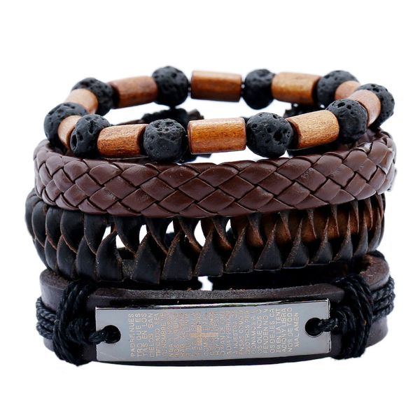 

1 set cow leather bracelet natural volcanic stone beaded bracelet set jesus charms male jewelry wood beads wristband for men, Golden;silver