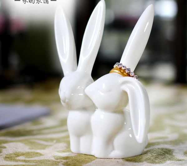 Cerâmica branco coelho anel de armazenamento de jóias titular home decor artesanato decoração artesanato estatueta de porcelana decoração do casamento