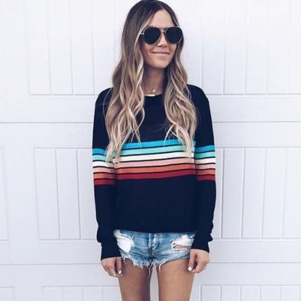 

au women lady long sleeve loose o neck rainbow striped casual t shirt, White