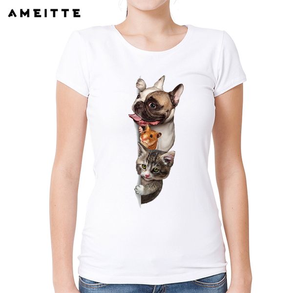 

funny cute dogs and cats/hamster/budgerigar print t-shirt women's animals pet sitting t shirt fashion hipster female tee, White