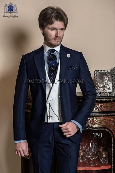 Mode Marineblau Bräutigam Smoking Kerbe Revers Trauzeugen Herren Hochzeitskleid Schöner Mann Jacke Blazer 3-teiliger Anzug (Jacke + Hose + Weste + Krawatte) 916