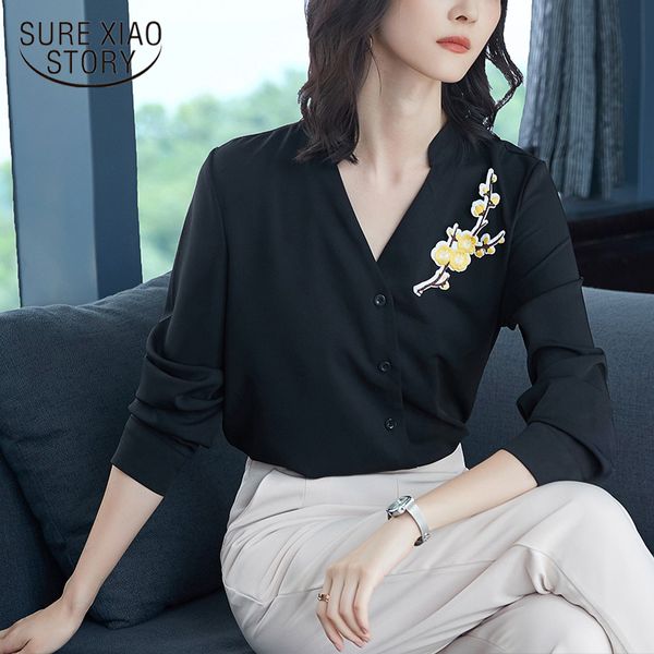 

fashion women blouses 2018 long sleeves shirt women's solid black v-neck causal female embroidery office lady blusa 1092 40, White