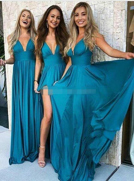 

Cheap 2018 Sexy Long Bridesmaid Dresses Deep Neck Empire Split Side Elastic Silk Like Satin Beach Boho Bridesmaid Gowns