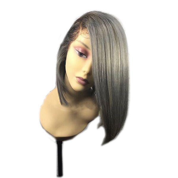 

ombre black to silver grey wig side part bob wig synthetic lace front wig heat resistant hair short wigs for women