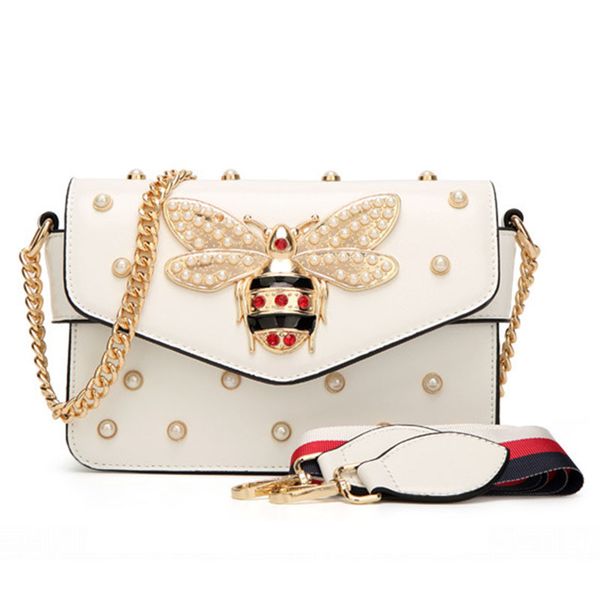 

new women handbag lovely rhinestone chain bag elegant woman bee pearl decorative leather shoulder bag women bag small fresh pearl spring