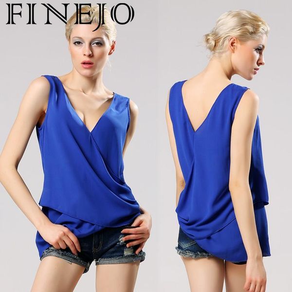 

finejo fold irregular sleeveless blouse casual women's lady stylish v-neck, White