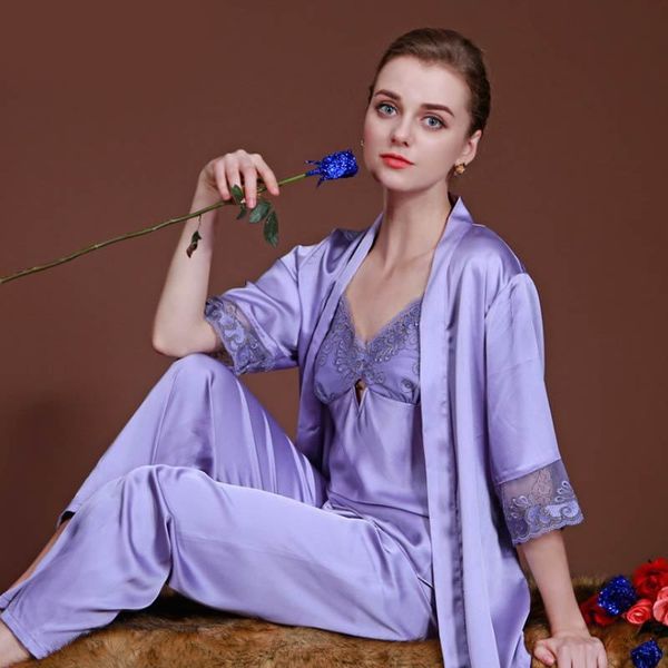 

спиннинг шелковая ночная рубашка вышитые сексуальная ночная рубашка дамы пижамы главная службы костюм из трех частей, Black;red