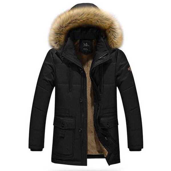 

men winter plus size parka coat thicken fleece warm fur collar hooded jacket overcoat male zipper slim coats parkas 5xl outwear, Black