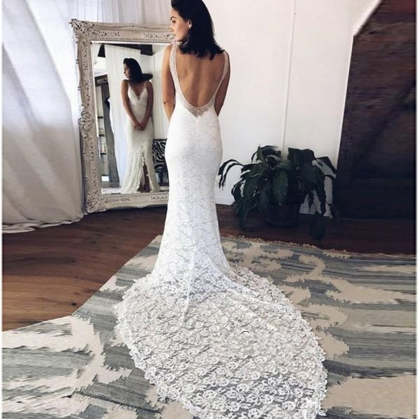 

Summer Sexy Backless Mermaid Wedding Dresses Deep V Neck Split Front Full Lace Wedding Dress Long Train Beach Bridal Dress Boho Style