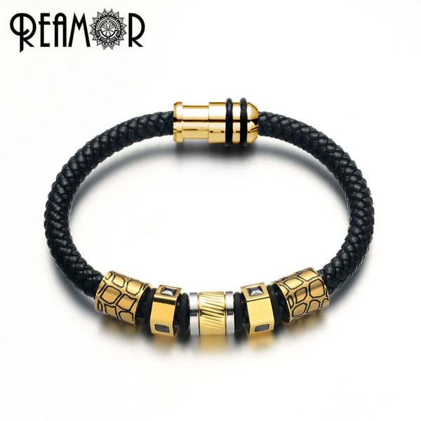 

reamor new arrival trendy men bracelet gold plating black genuine leather bracelet magnetic clasp cuff bangles gift, Golden;silver