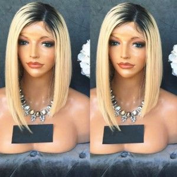 

mhazel short bob 1b# black blonde #613 left side part bob straight hair glueless front lace wig