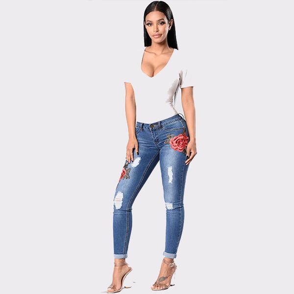 

women stretch high waist skinny embroidery jeans without ripped woman floral holes denim pants trousers women jeans pencil pants, Blue