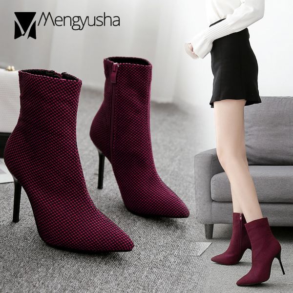 

design pointed toe high heeled women boots mixed colors striped short booties stiletto pumps ladies zipper short botines mujer, Black
