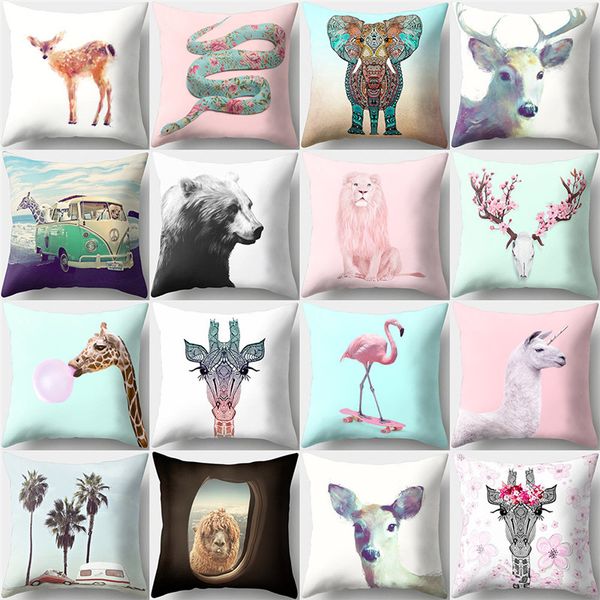 

18*18 inch polyester peach skin square pillow cover deer lion pattern home decor pillowcase throw pillow cover
