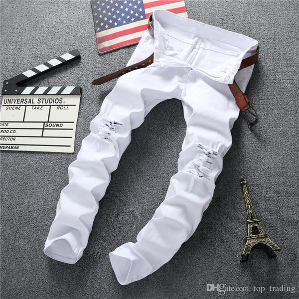 

wholesale-swag mens black jeans skinny ripped destroyed stretch slim fit hop hop pants with holes for men js34, Blue