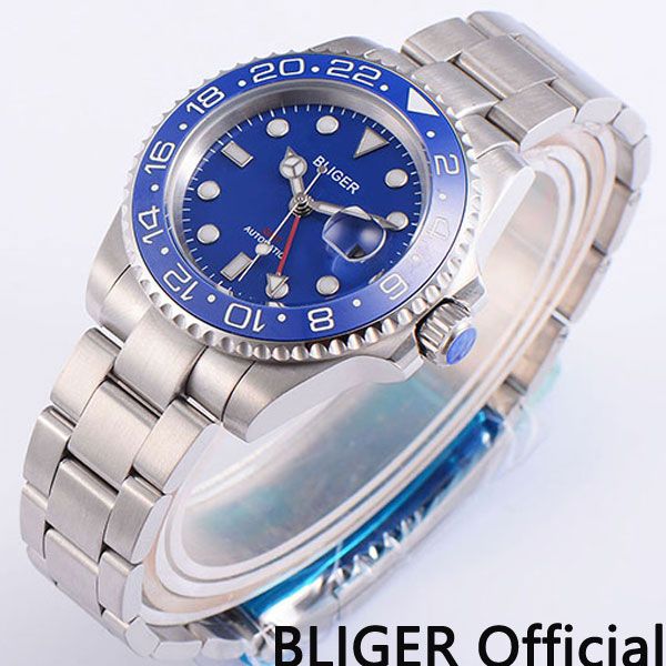 

bliger 40mm blue dial blue ceramic rotating bezel red gmt pointer luminous marks sapphire glass automatic movement men's watch, Slivery;brown