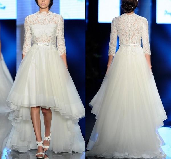 

high low lace wedding dresses sheer high neck 3/4 long sleeves a line bridal gowns wedding dress vestido de novia, White