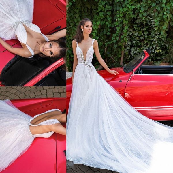 

full lace beach plus size wedding dresses beads plung neckline wedding gowns vestidos de noiva with long train, White