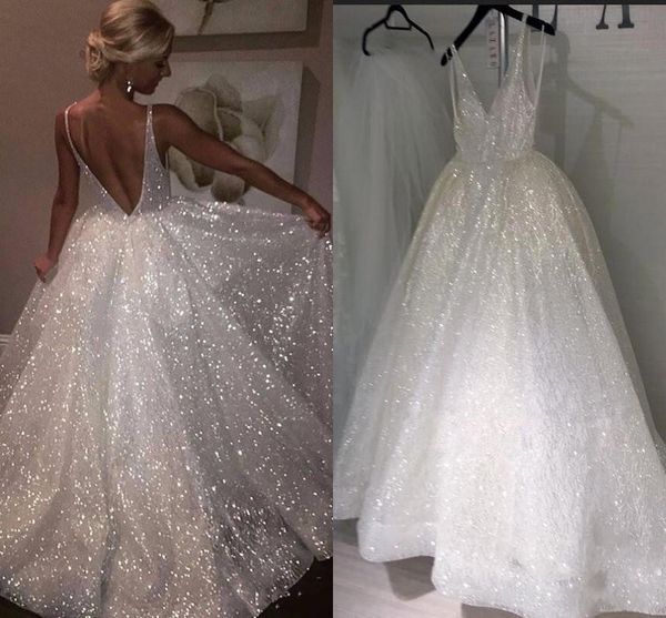 

2019 Sexy Bling Sequined A Line Wedding Dresses Deep V Neck Wedding Gowns Floor Length Ball Gown Backless Custom Plus Size Bridal Dress